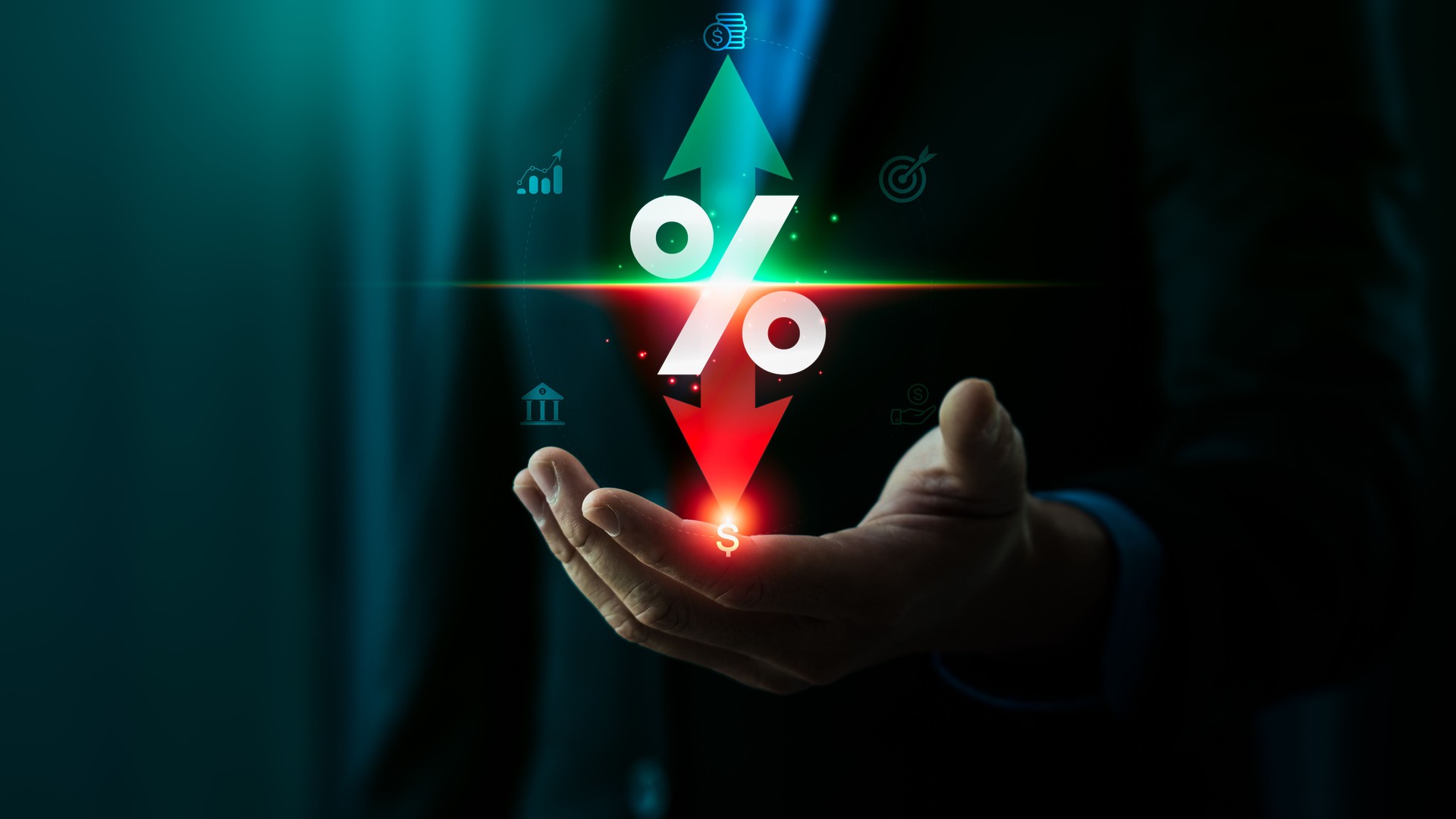 Financial Impact and Interest Rate Fluctuations, Business Professional Illustrating the Dynamic Movement of Interest Rates with Digital Tools for Comprehensive Financial Planning and Decision Making