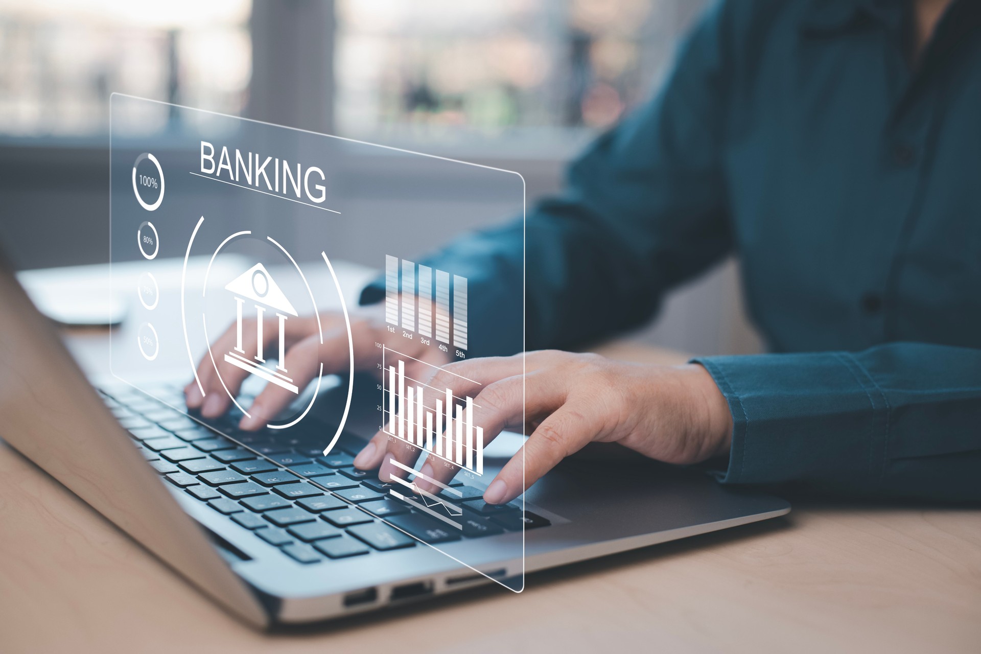 Online banking hologram AI and automation concept, Businessman using the laptop and touching online banking and network connection icon, online payment, shopping business digital technology,